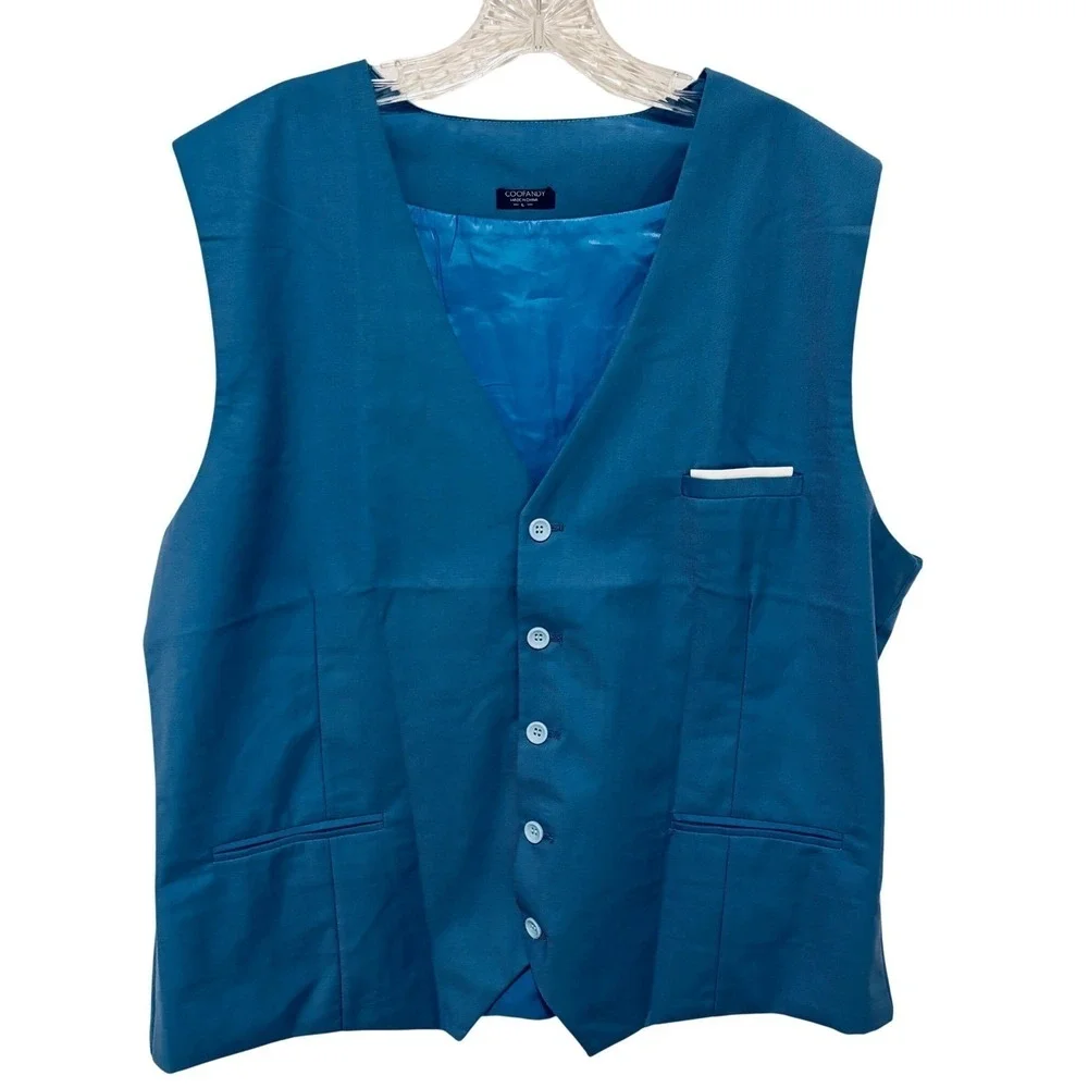 Coofandy Suit Vest Mens Large Blue V-Neck 5-Button Adjustable Back Waistcoat